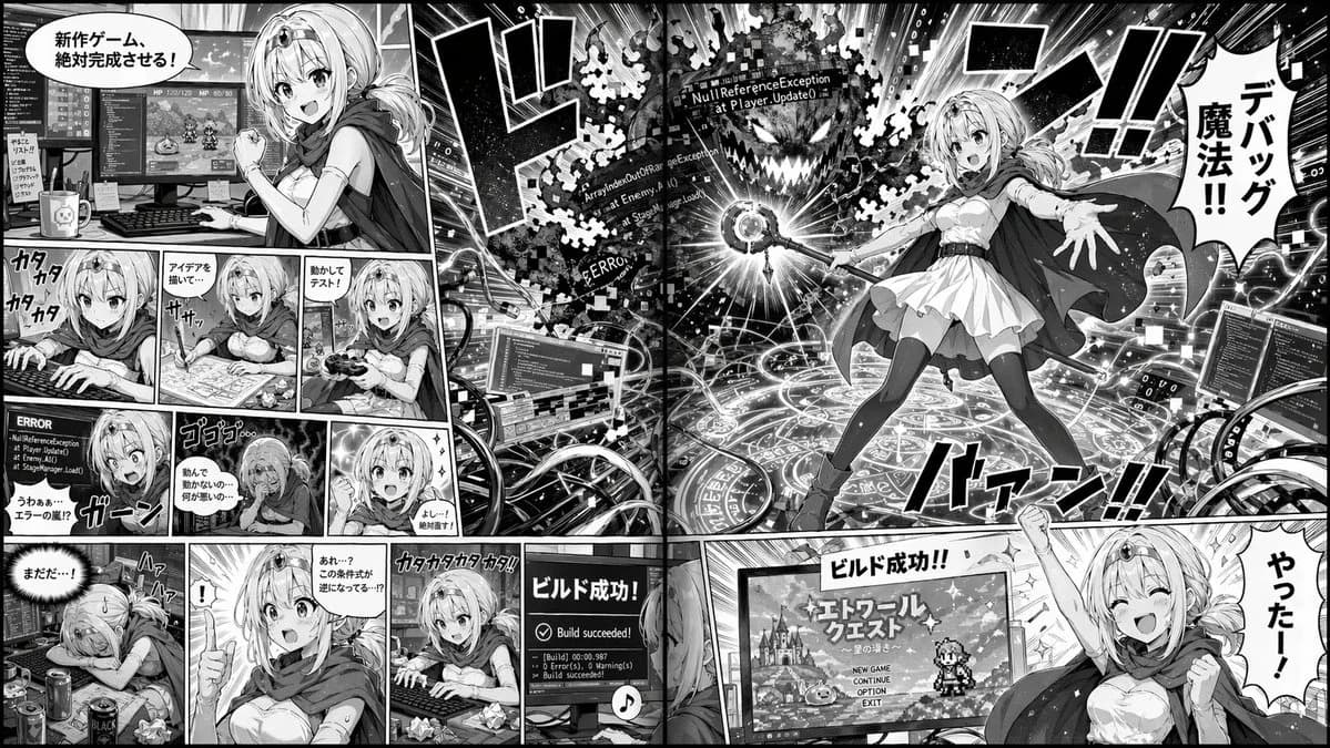 Game Developer Mage Fantasy Manga Two-Page Spread AI photo prompt example on PhotoReady