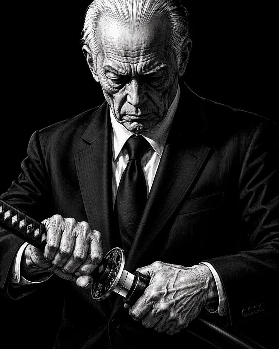 High-Contrast Noir Samurai Suit Katana Draw AI photo prompt example on PhotoReady