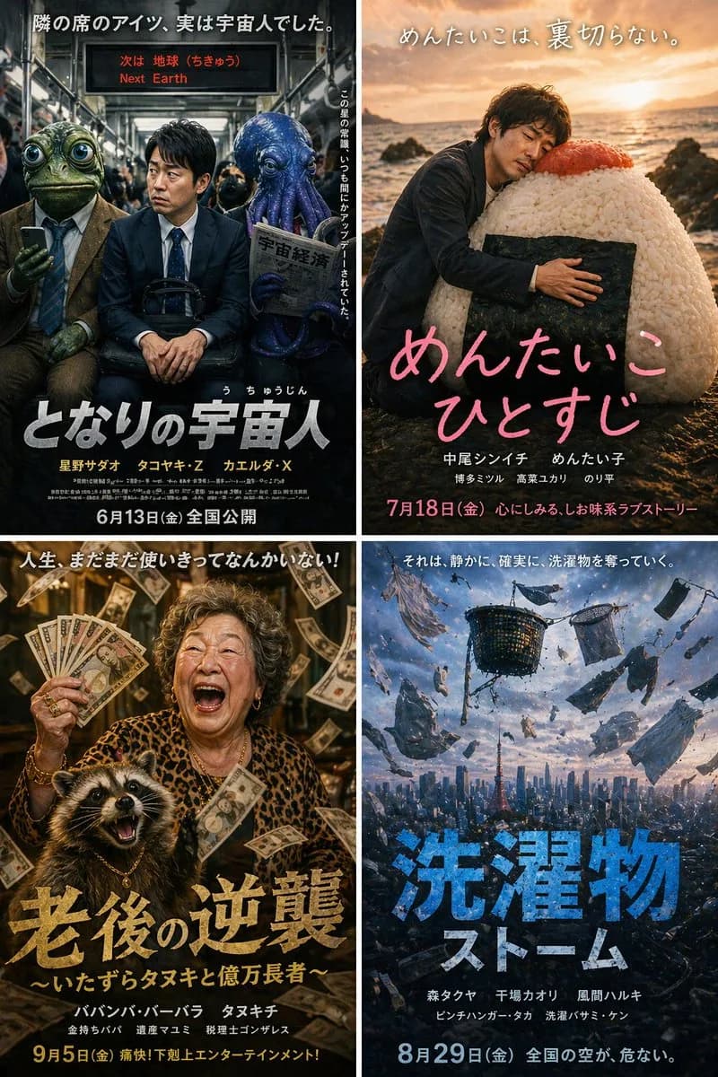 Eclectic Japanese Cinema Movie Poster Quad Layout AI photo prompt example on PhotoReady