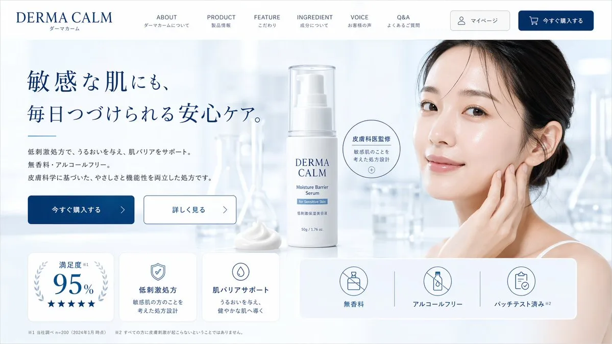 Derma Calm Skincare E-Commerce Landing Page AI photo prompt example on PhotoReady
