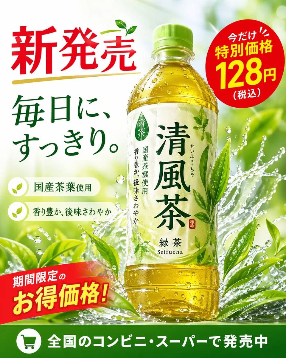 Seifucha Bottled Green Tea Promotional Poster AI photo prompt example on PhotoReady