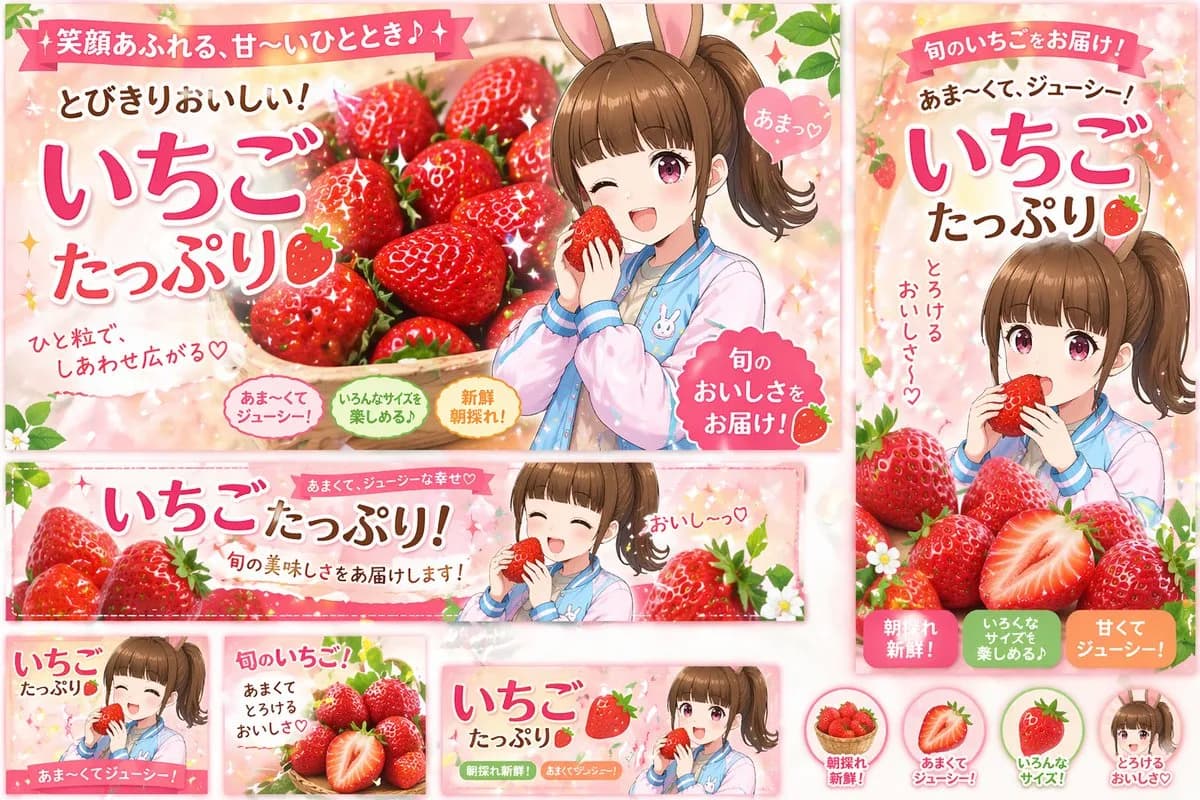 Japanese Strawberry Promotional Banner Set AI photo prompt example on PhotoReady