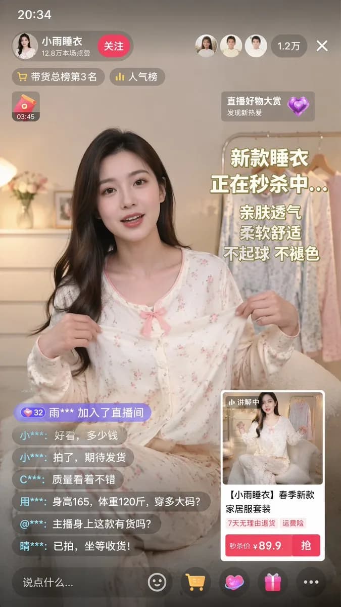 Pajama E-Commerce Livestream Shopping UI Mockup AI photo prompt example on PhotoReady