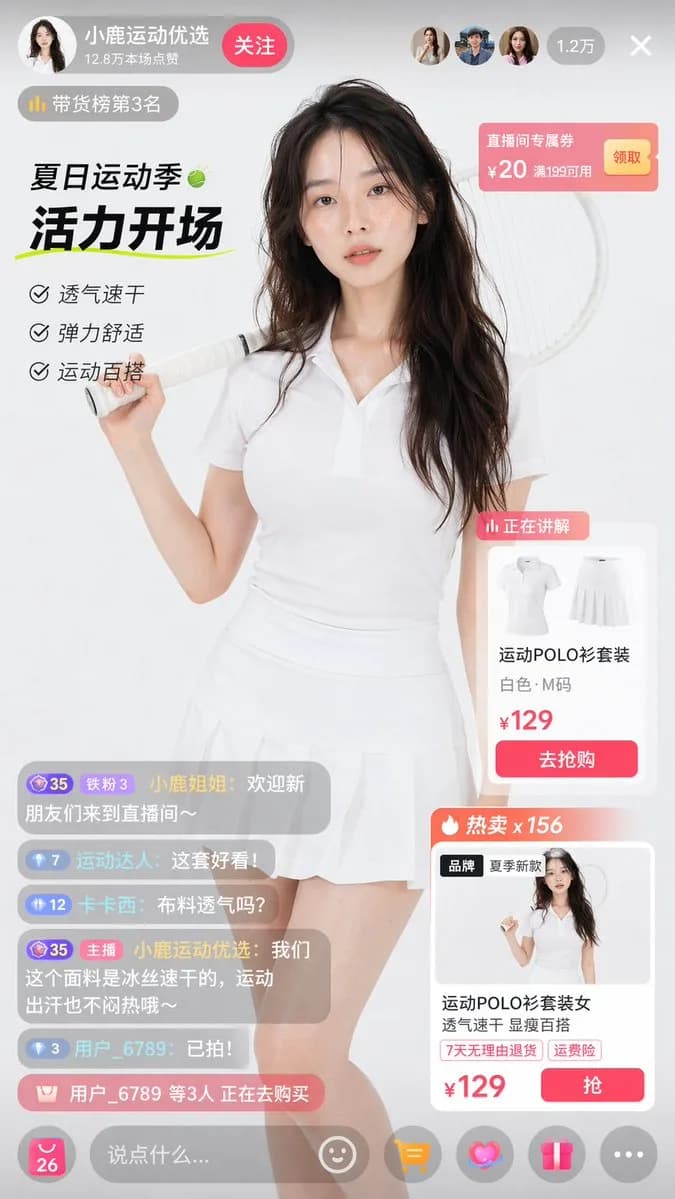 Tennis E-Commerce Livestream Interface Mockup AI photo prompt example on PhotoReady
