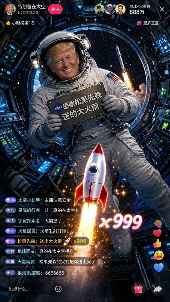 Trump Space Station Livestream Screenshot AI photo prompt example on PhotoReady