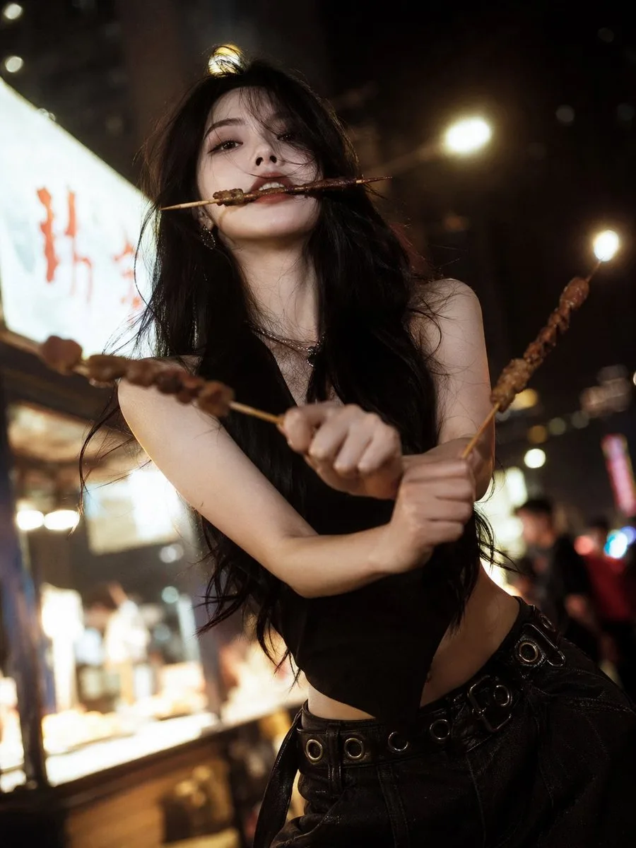 Cool Beauty Night Market Barbecue Three-Sword Style AI photo prompt example on PhotoReady