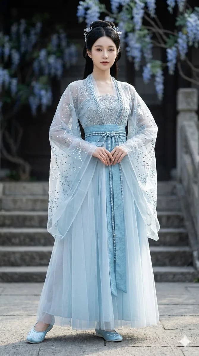 Celestial Ice Blue Embroidered Ruqun Hanfu AI photo prompt example on PhotoReady