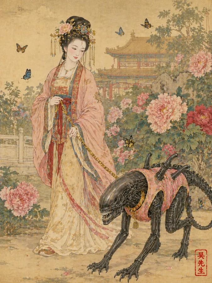 Tang Dynasty Court Lady and Sci-Fi Pet Gongbi AI photo prompt example on PhotoReady