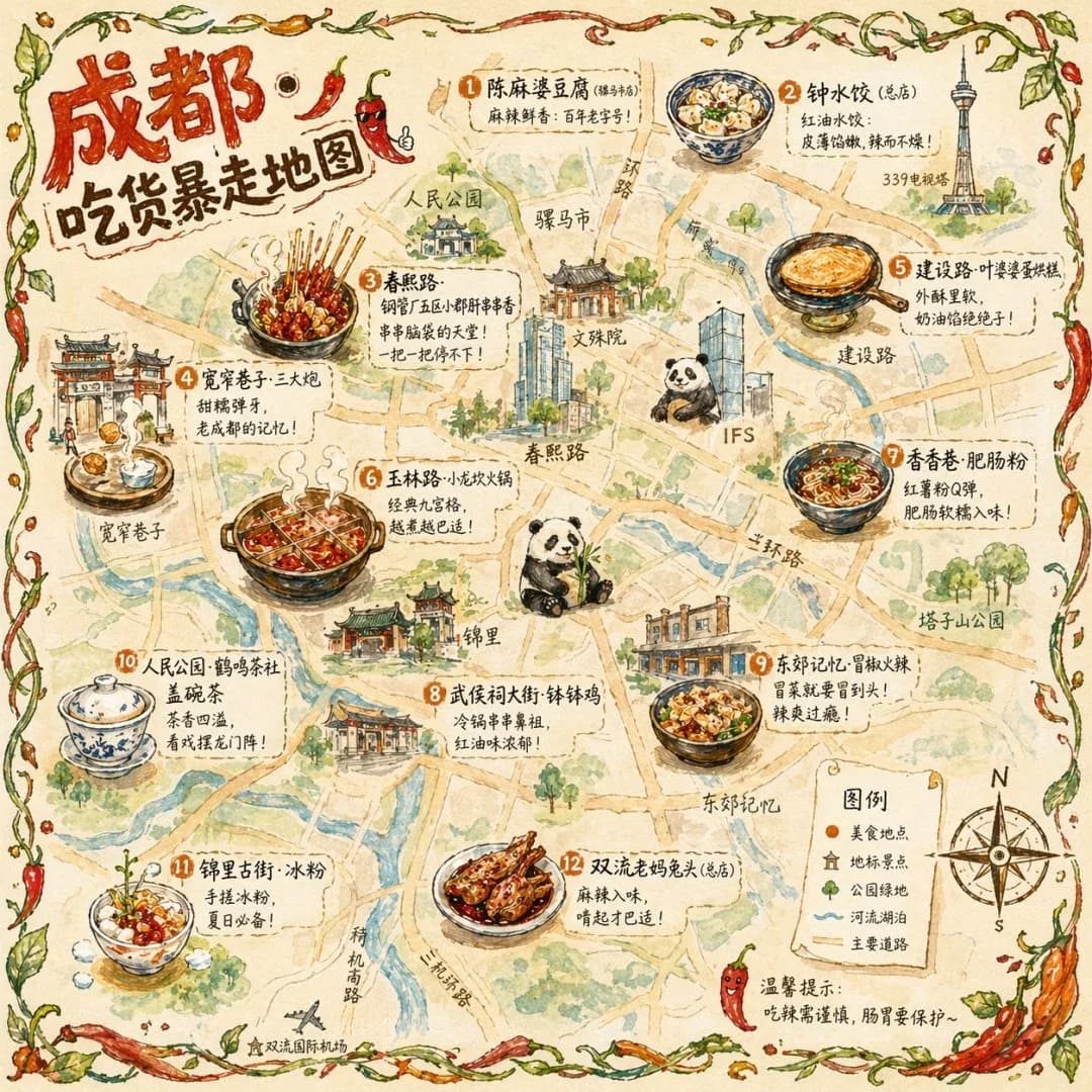 Chengdu Hand-Drawn Foodie Travel Map Infographic AI photo prompt example on PhotoReady