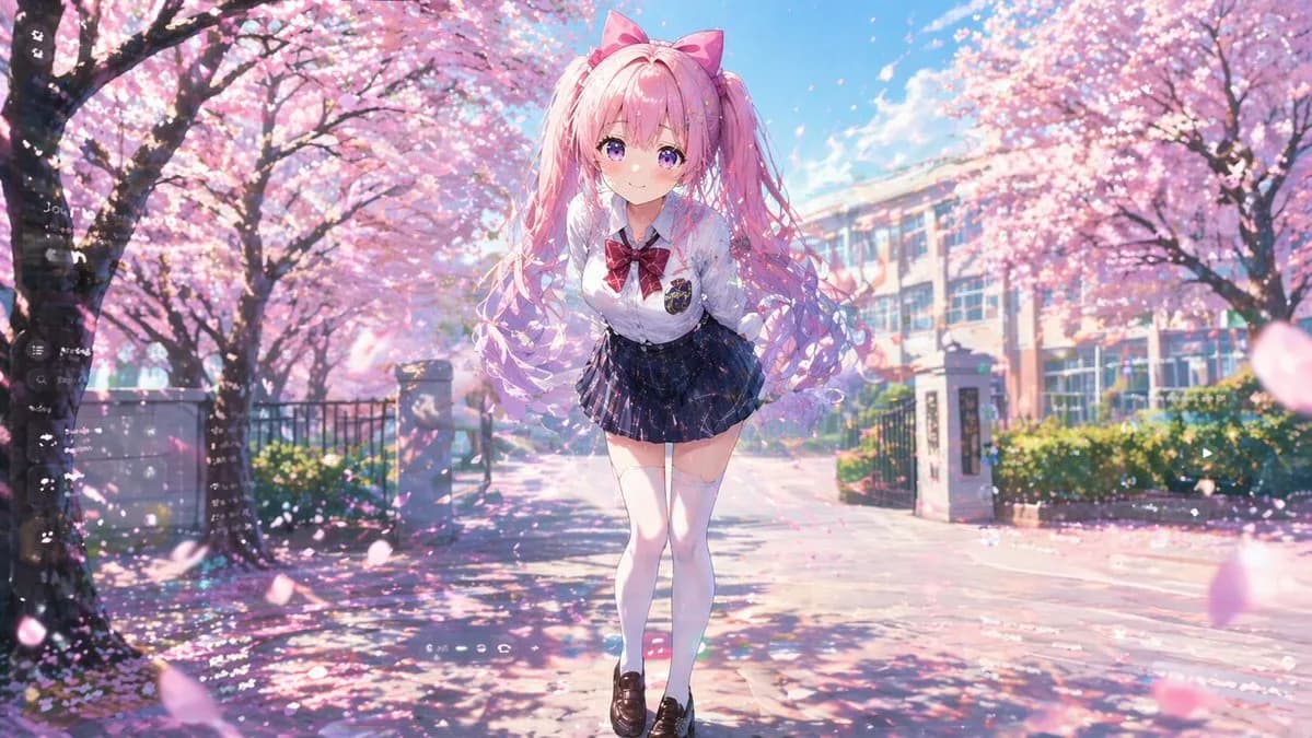 Cherry Blossom Twin-Tail Anime Student Portrait AI photo prompt example on PhotoReady