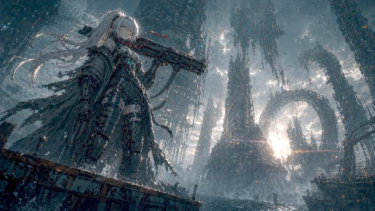 Mecha Pilot Girl on Sunken Coastal Ruins AI photo prompt example on PhotoReady