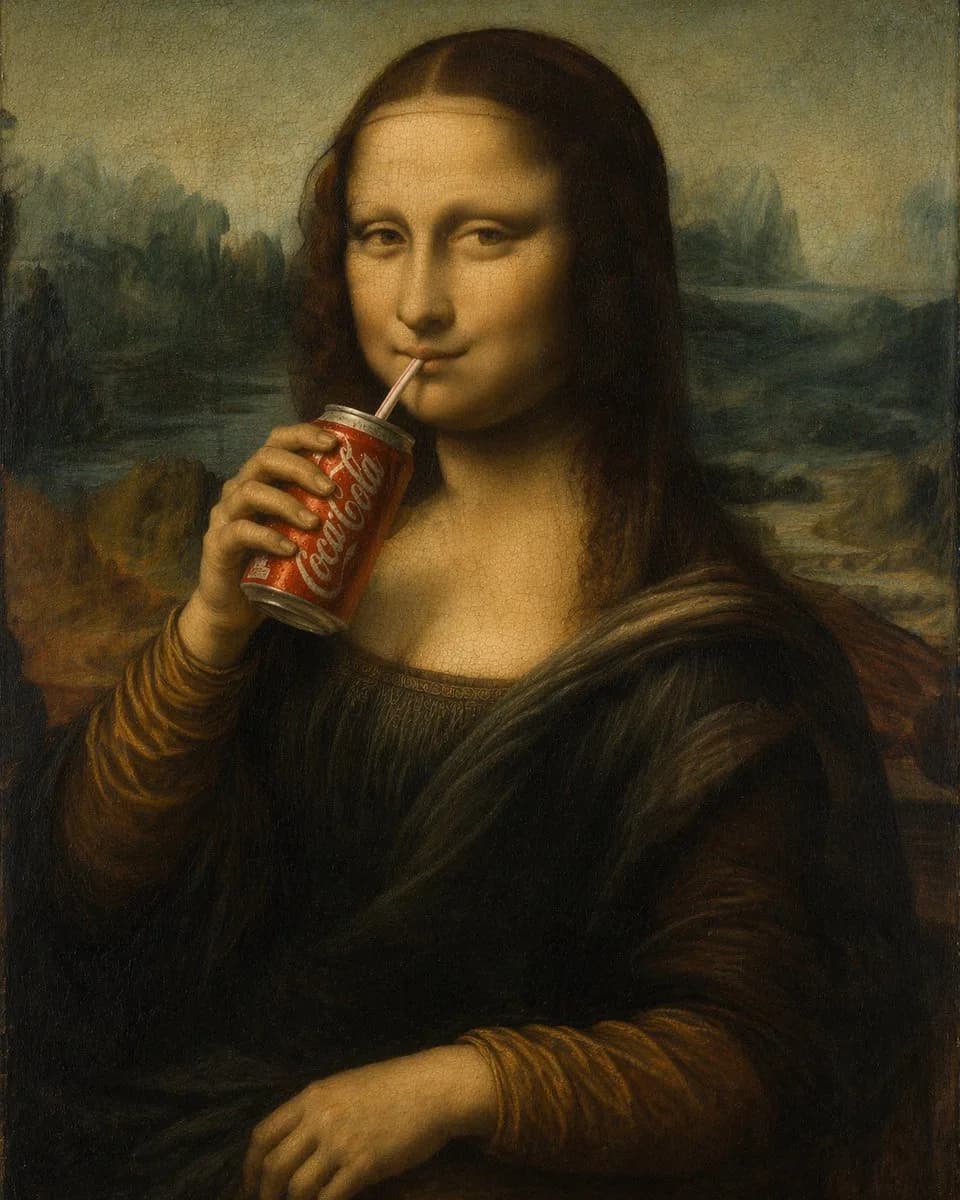 Mona Lisa Drinking Soda Pop Art Oil Painting AI photo prompt example on PhotoReady