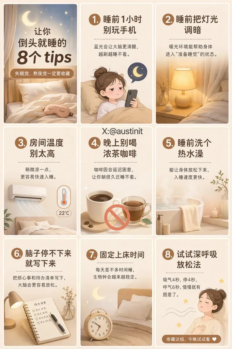 Sleep Wellness Guide Nine-Grid Social Poster AI photo prompt example on PhotoReady