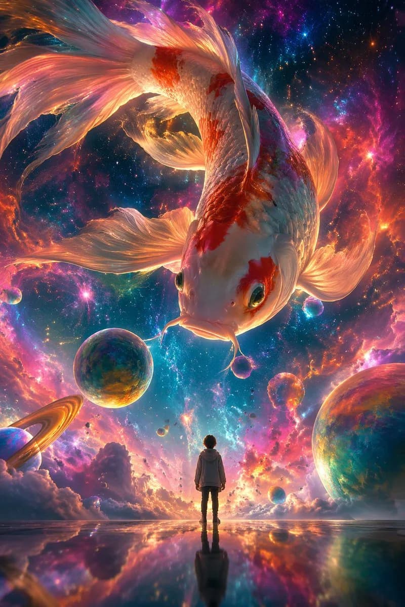 Cosmic Nebula Koi and Stargazer Digital Art AI photo prompt example on PhotoReady