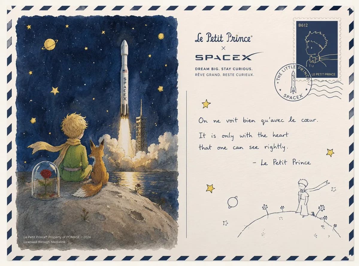 Little Prince and SpaceX Deep Space Postcard AI photo prompt example on PhotoReady