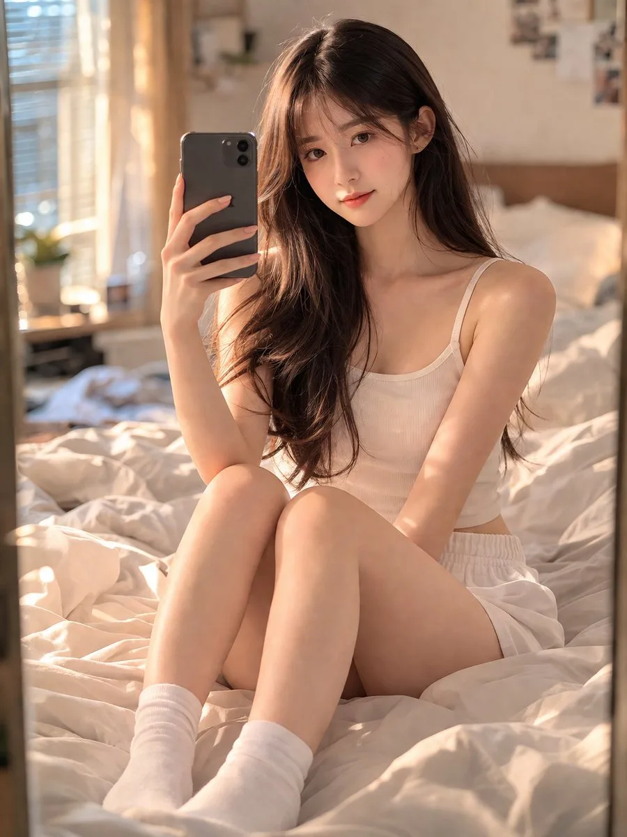 Cozy Bedroom Mirror Selfie Portrait AI photo prompt example on PhotoReady