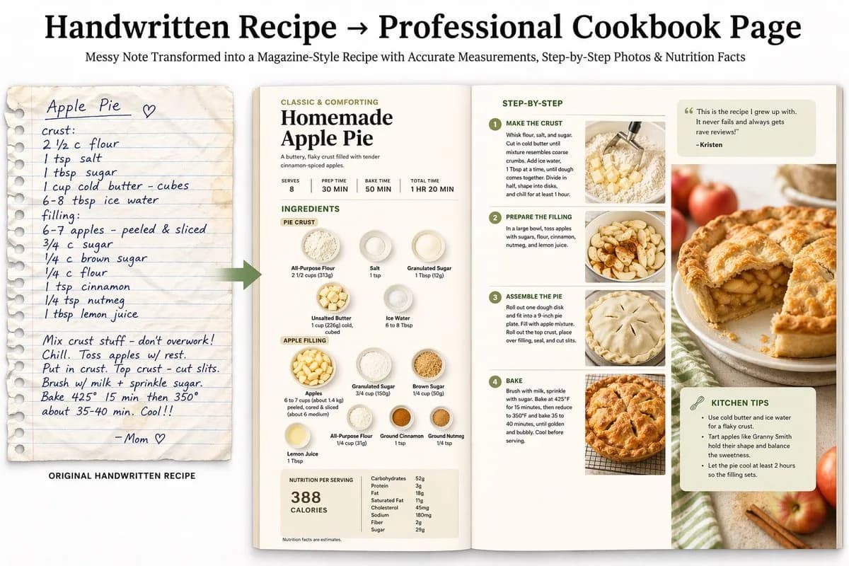 Handwritten Recipe Editorial Cookbook Spread AI photo prompt example on PhotoReady