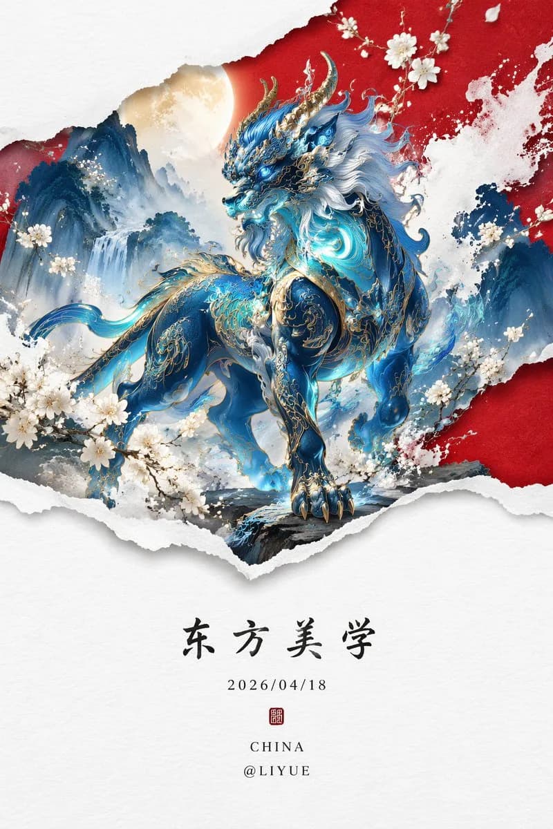 Fluorescent Blue Qiongqi Mythical Beast Landscape AI photo prompt example on PhotoReady