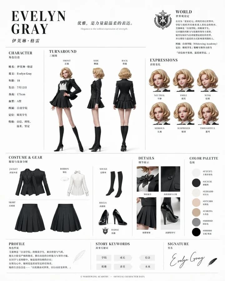 Official Character Design Reference Sheet AI photo prompt example on PhotoReady