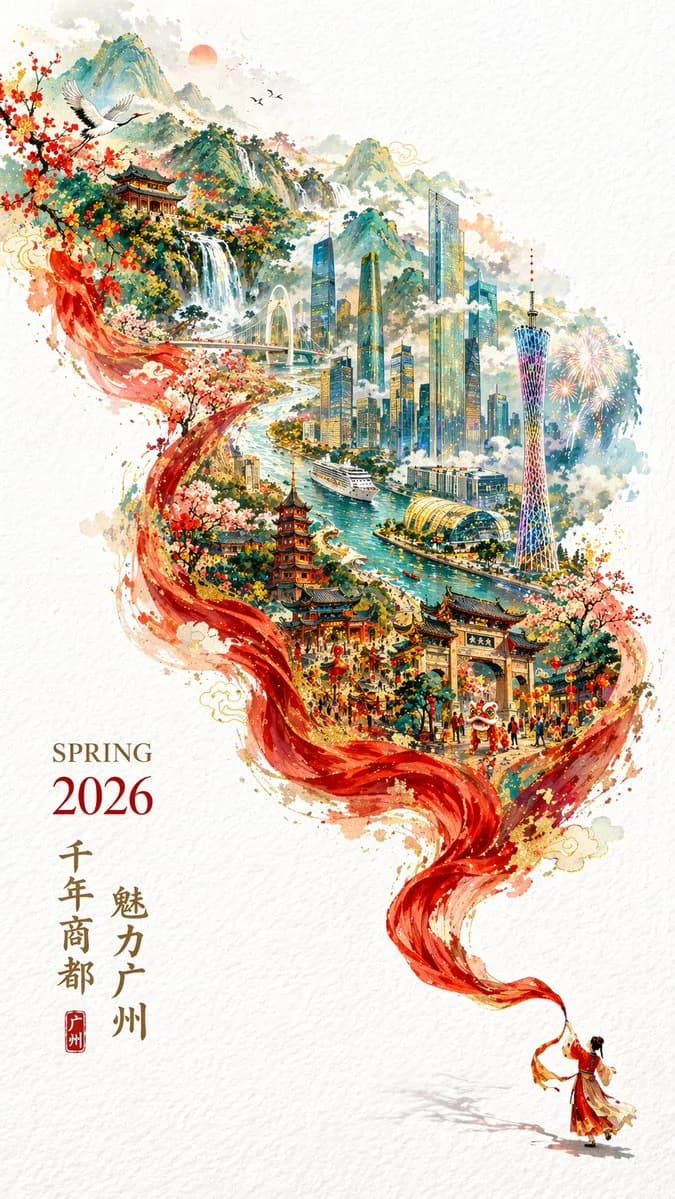 Flowing Red Ribbon Guangzhou City Poster AI photo prompt example on PhotoReady