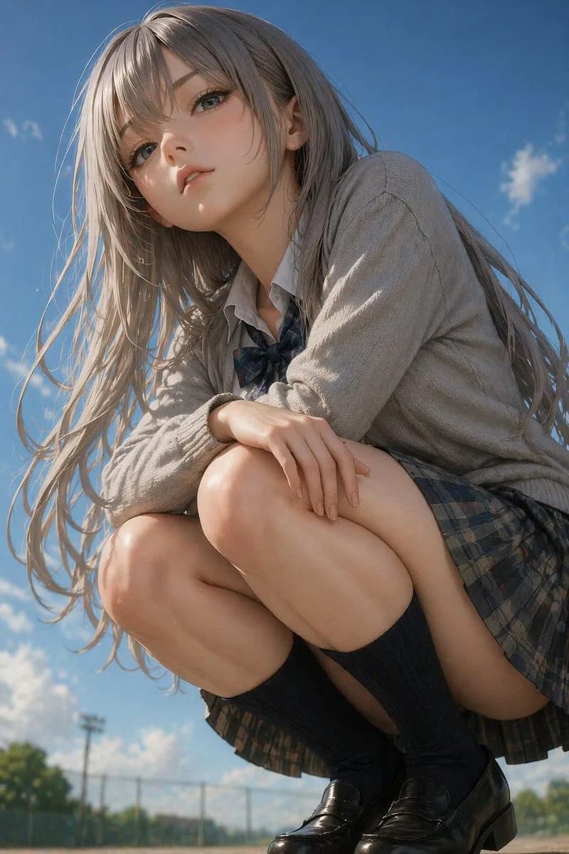 Shy Anime Style Crouching Girl Studio Portrait AI photo prompt example on PhotoReady