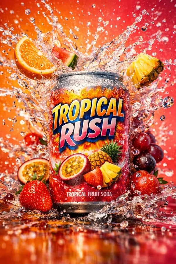 Dynamic Neon Splash Soda Can Poster AI photo prompt example on PhotoReady