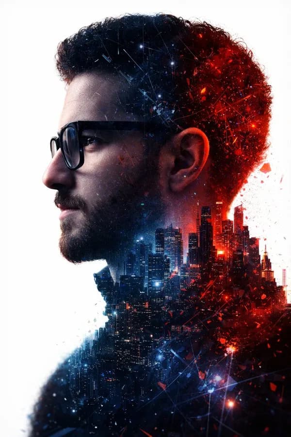 Futuristic City Double Exposure Portrait AI photo prompt example on PhotoReady