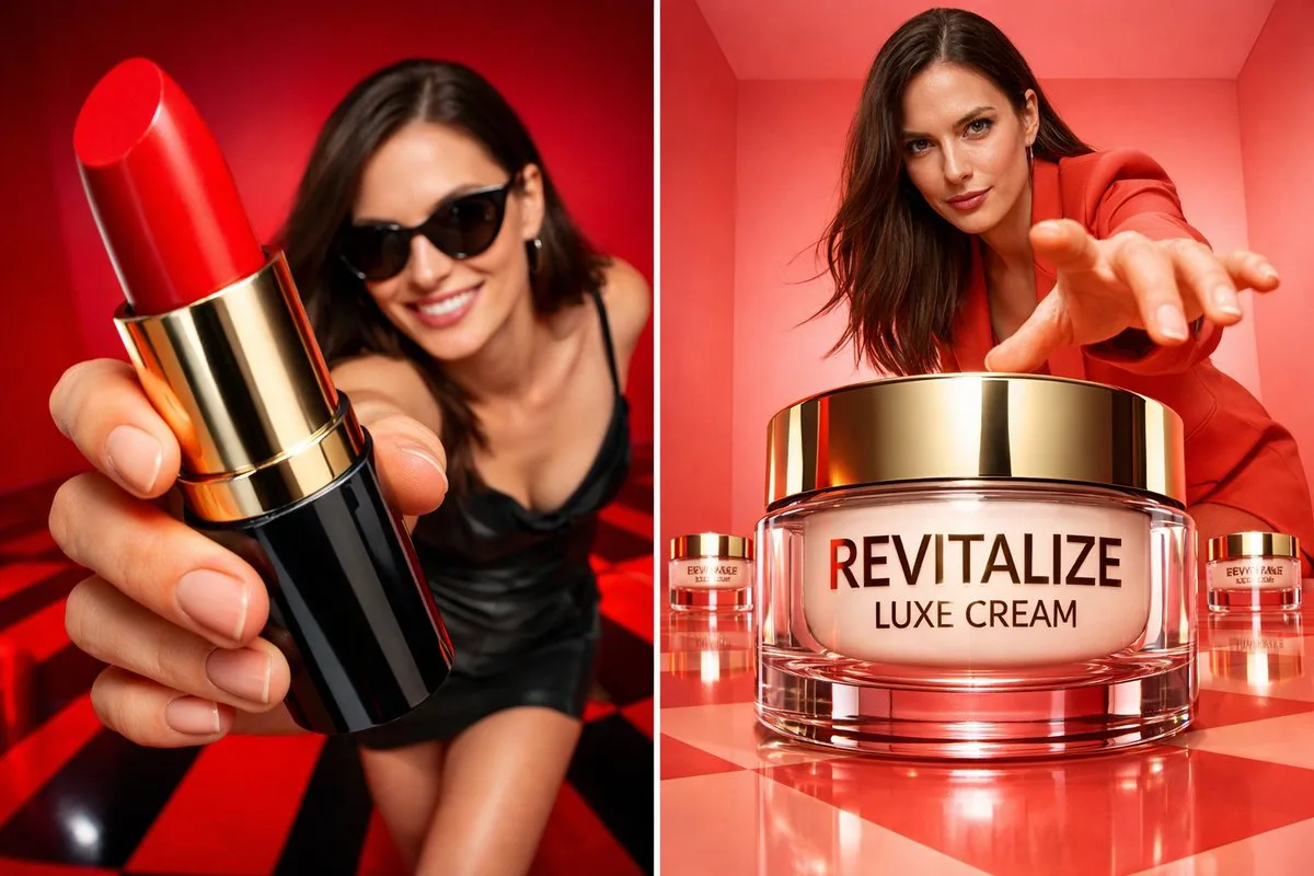Deep Crimson Studio Wide-Angle Beauty Campaign AI photo prompt example on PhotoReady