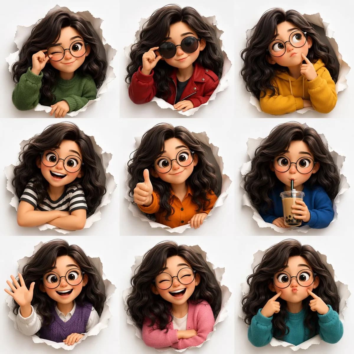 Three-by-Three Animated Character Expression Matrix AI photo prompt example on PhotoReady