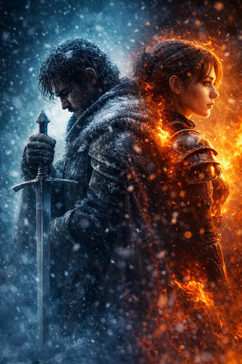 Fire And Ice Fantasy Warriors Movie Poster AI photo prompt example on PhotoReady