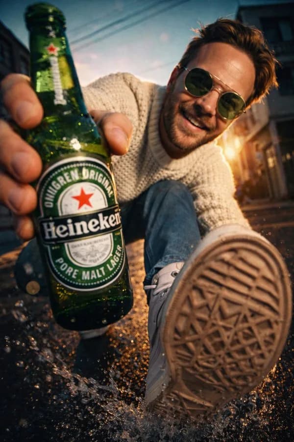 Low-Angle Street Beverage Product Showcase AI photo prompt example on PhotoReady