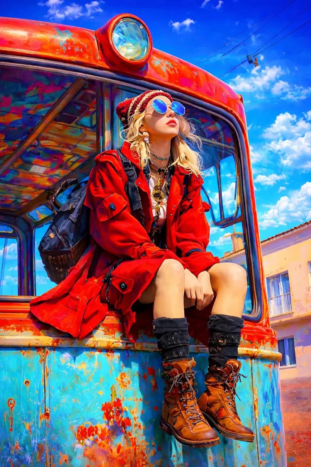 Red Trench Coat Traveler on Vintage Bus AI photo prompt example on PhotoReady