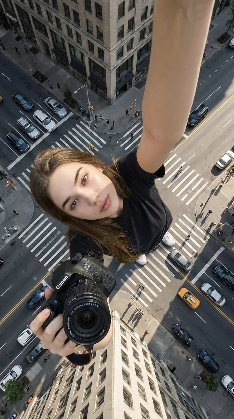 High-Angle Giantess Urban Crosswalk Selfie AI photo prompt example on PhotoReady