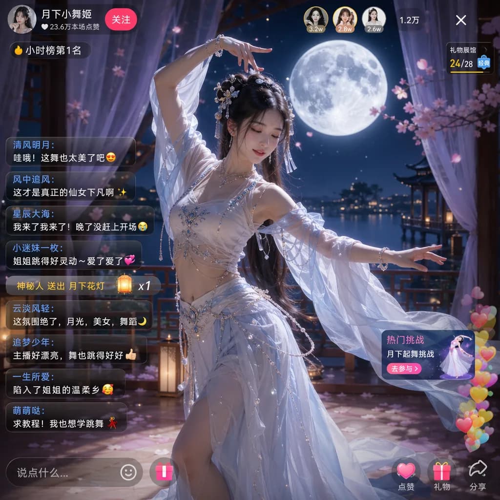 Moonlit Dance in a Live Streaming Room AI photo prompt example on PhotoReady