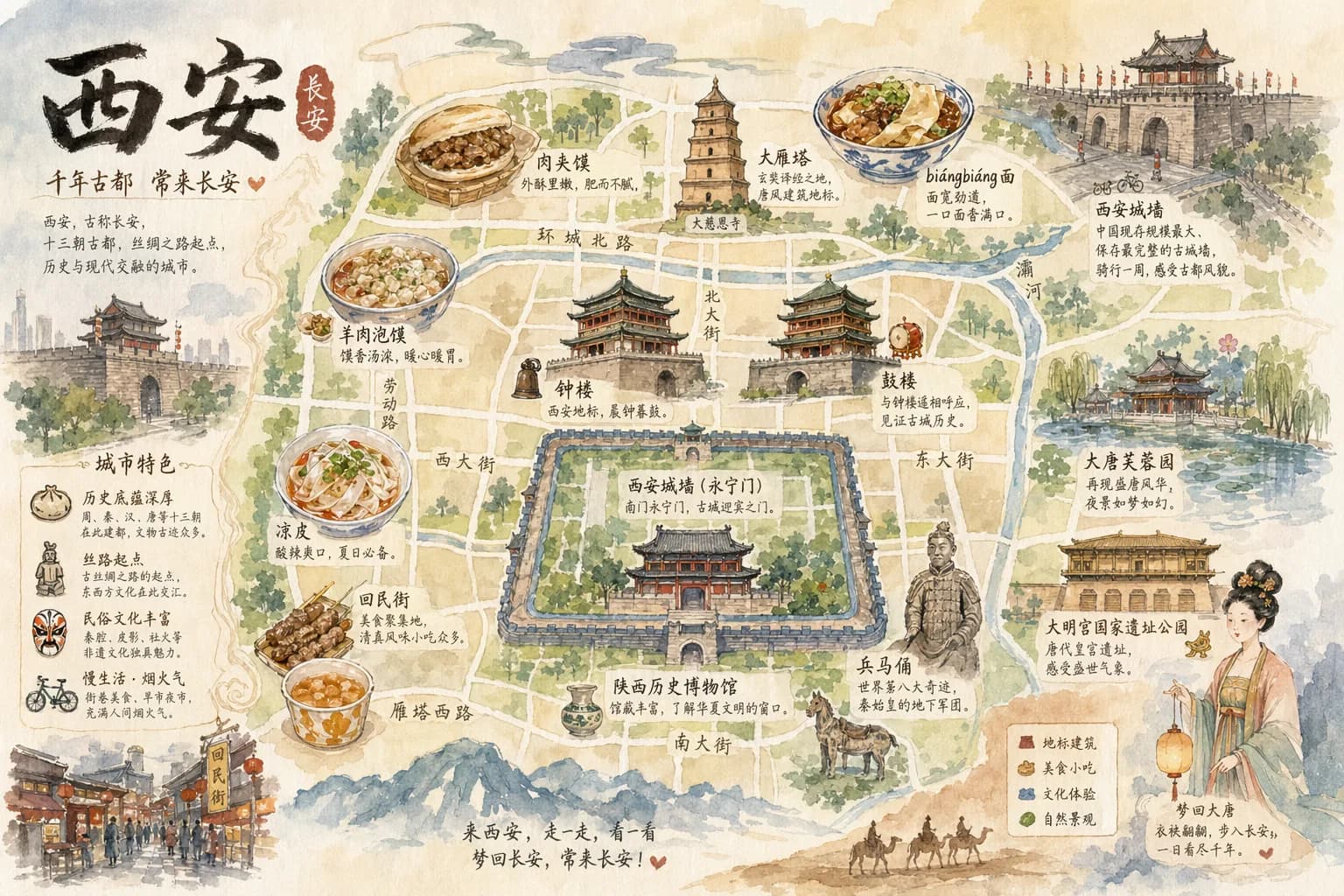 Hand-Drawn Watercolor Tourist Map of Xi'an AI photo prompt example on PhotoReady