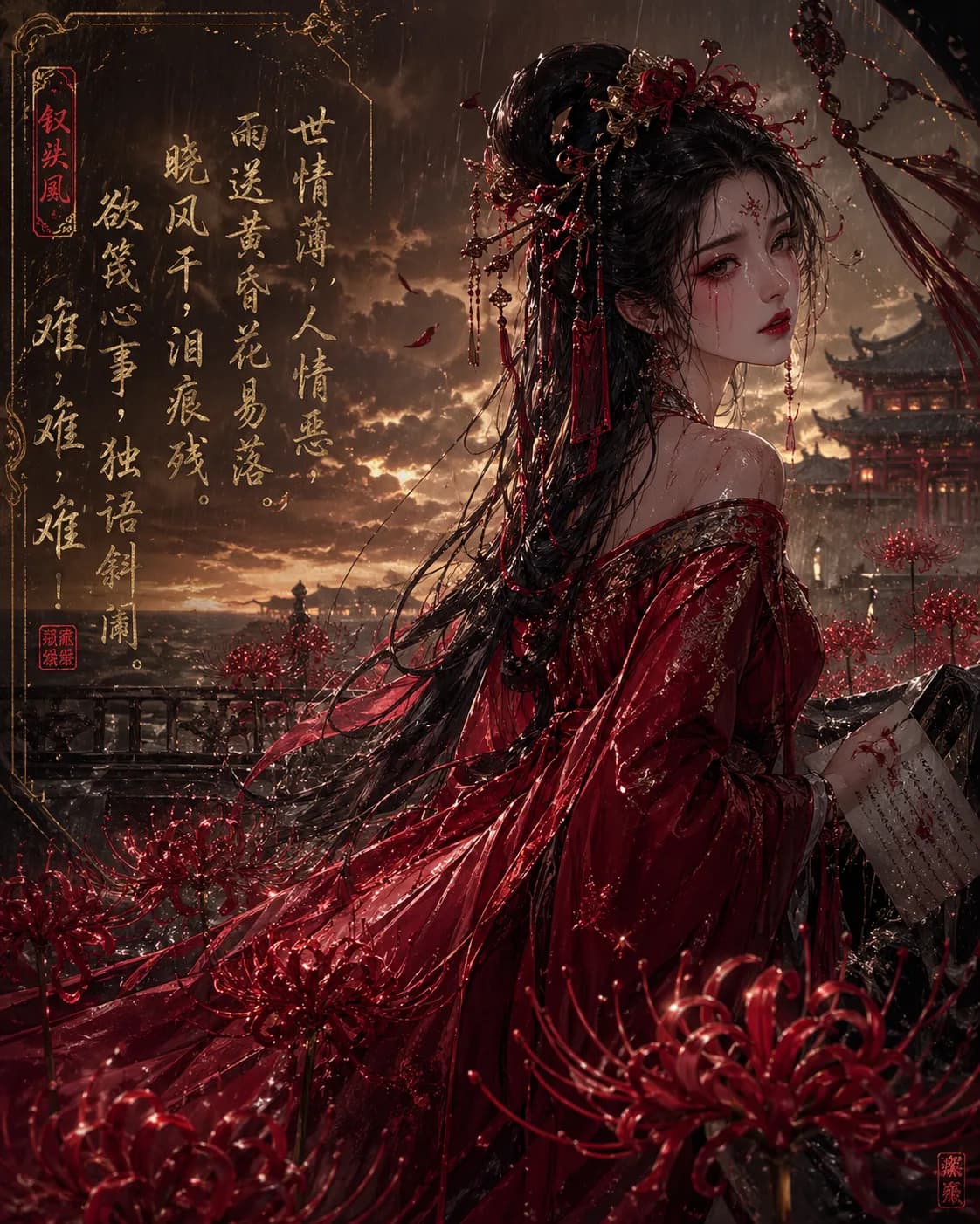 Beautiful Woman in Red Among Spider Lilies AI photo prompt example on PhotoReady