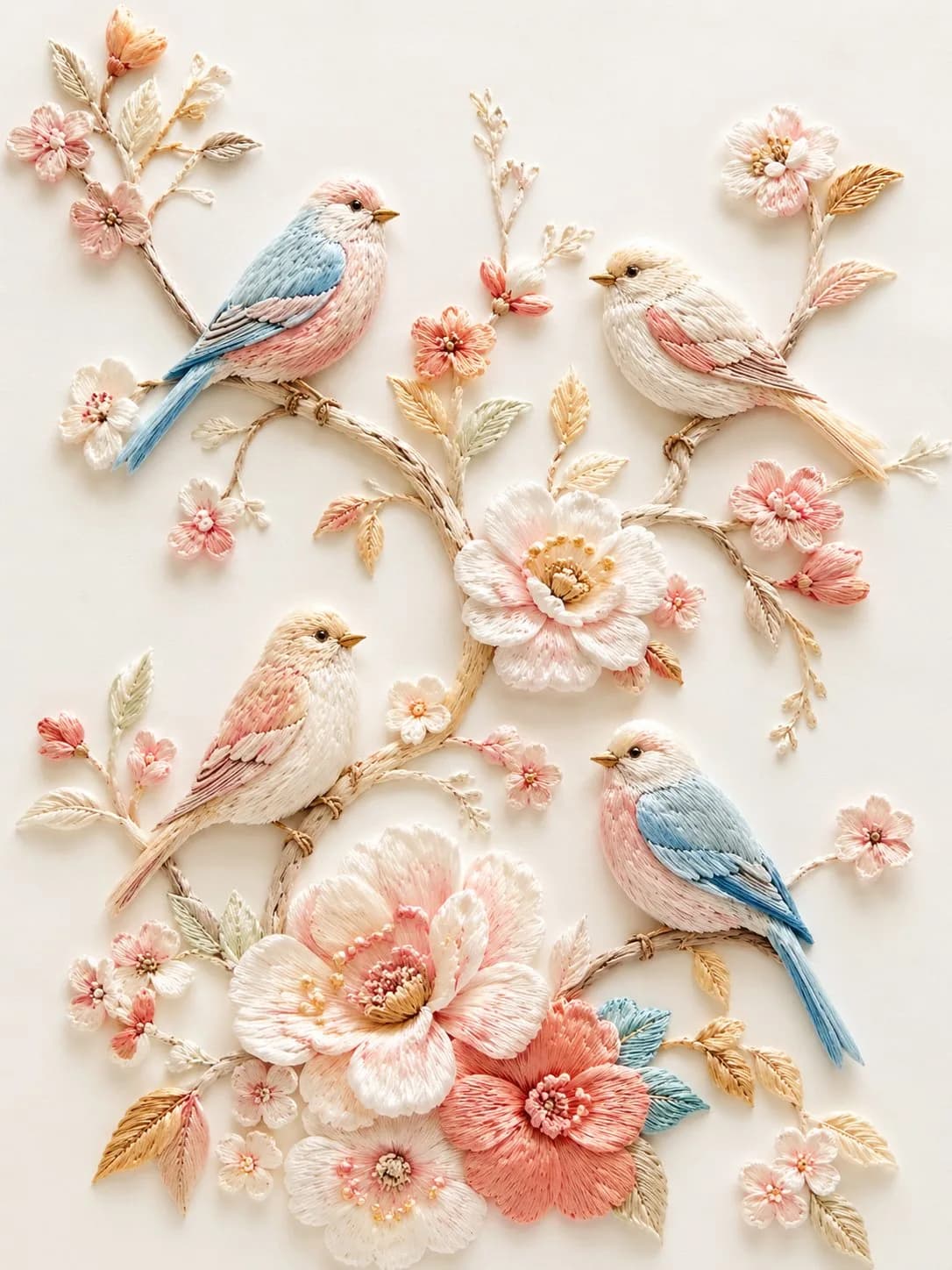 Three-Dimensional Embroidered Birds and Blossoms AI photo prompt example on PhotoReady