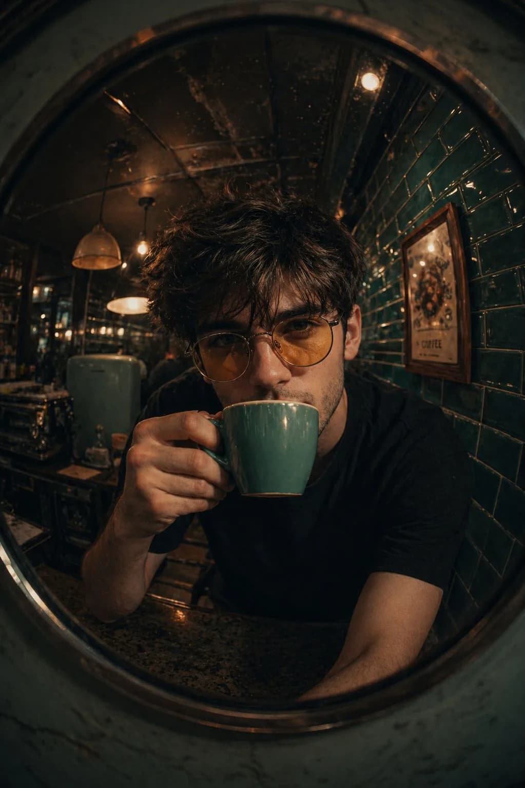 Fish-Eye Lens Retro Café Portrait AI photo prompt example on PhotoReady