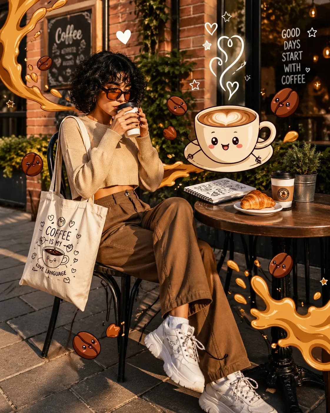 Trendy Café Scene with 2D Cartoon Overlays AI photo prompt example on PhotoReady