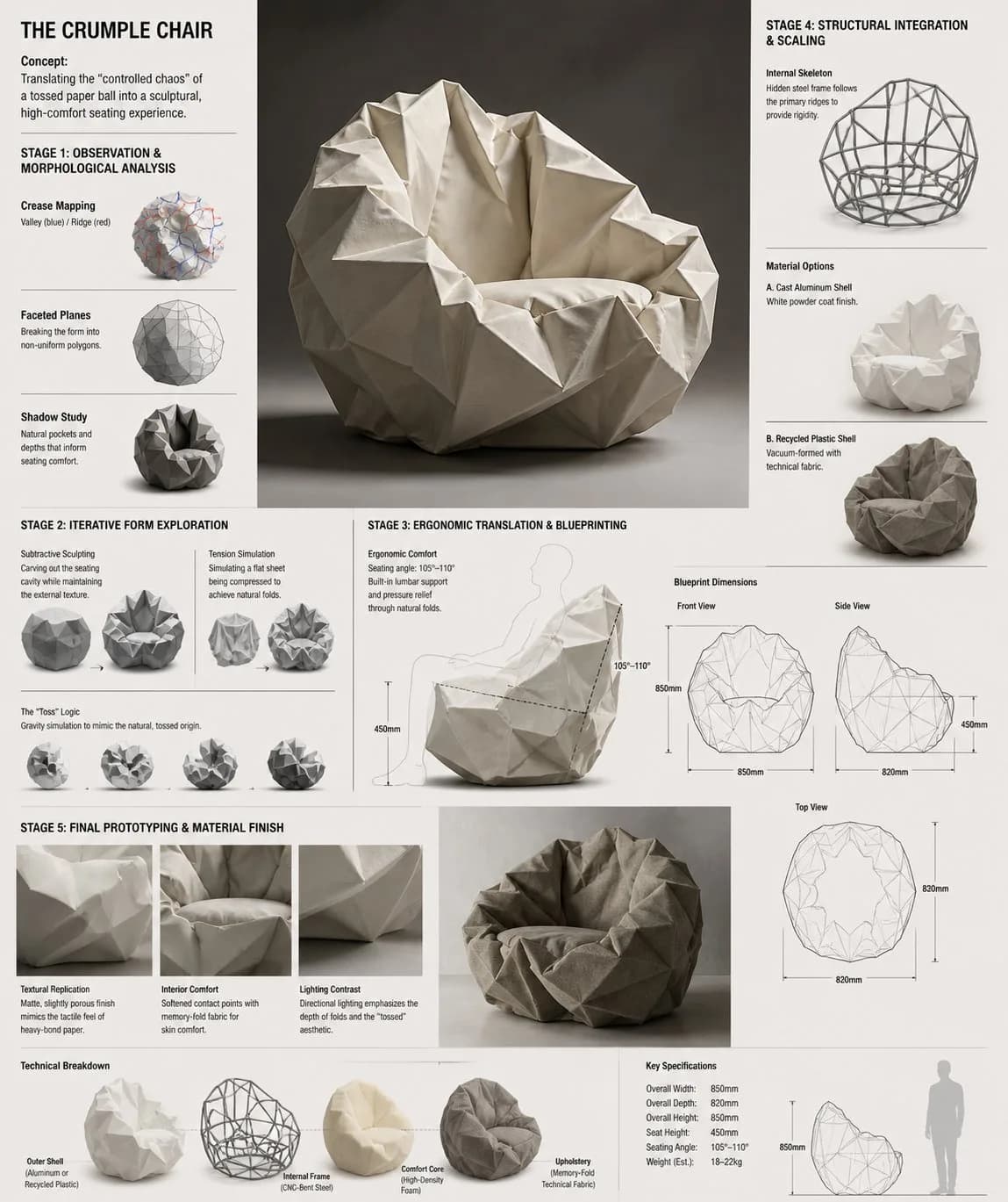 Crumple Chair Concept Sofa Development Board AI photo prompt example on PhotoReady