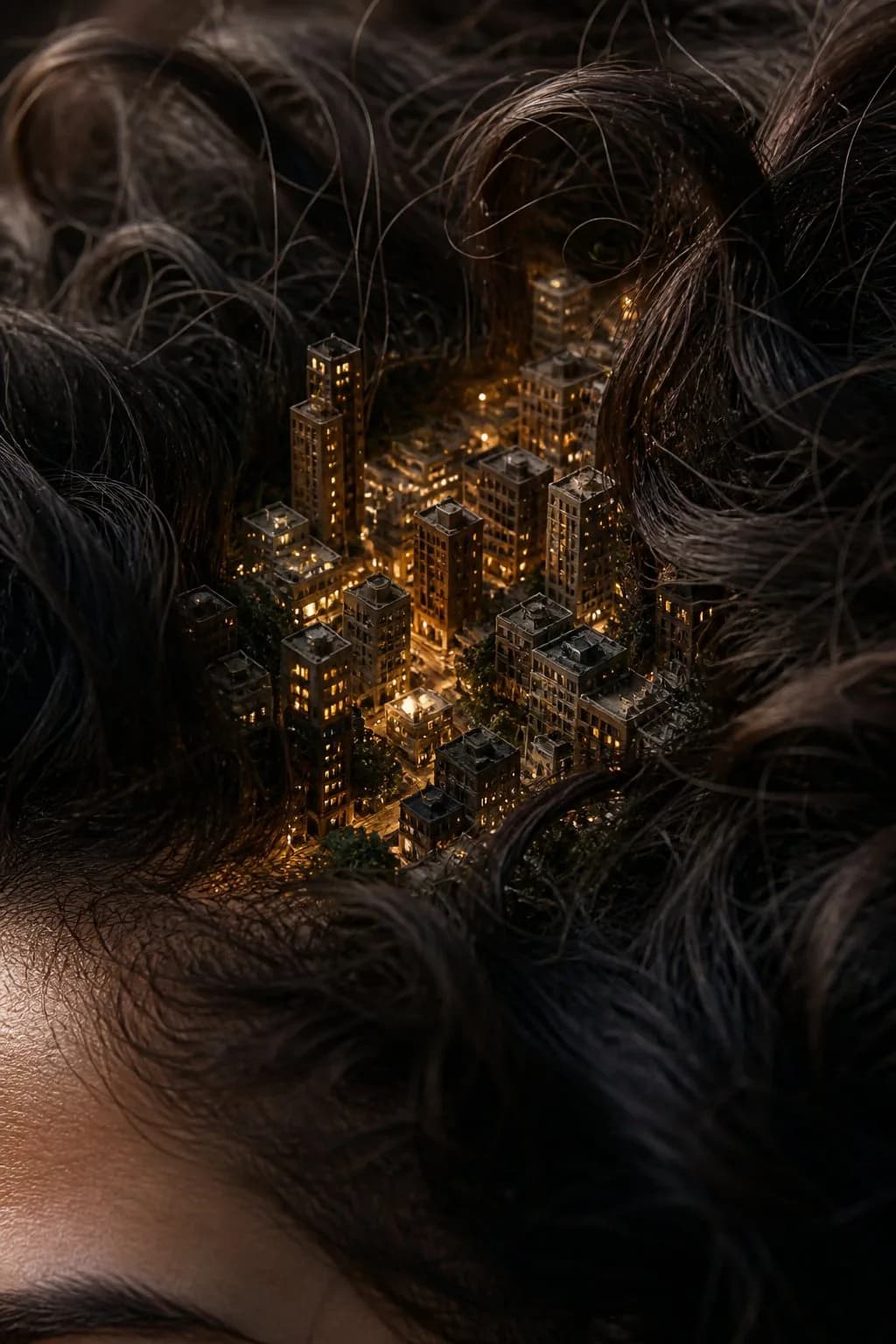 Miniature City Hidden in Human Hair AI photo prompt example on PhotoReady