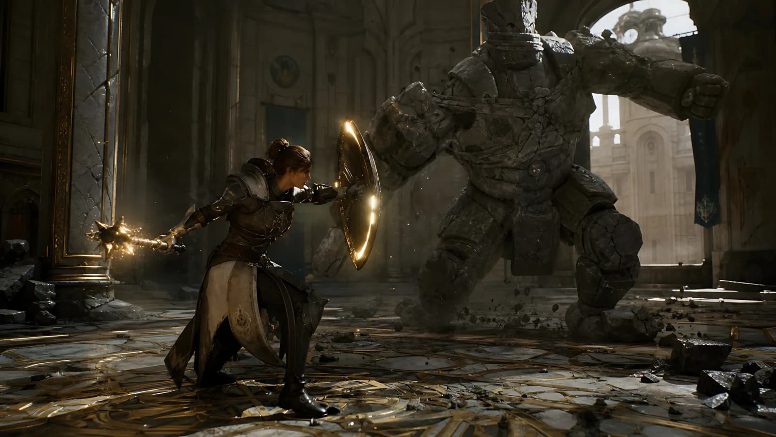 Knight-Mage Battle Against Stone Golem AI photo prompt example on PhotoReady
