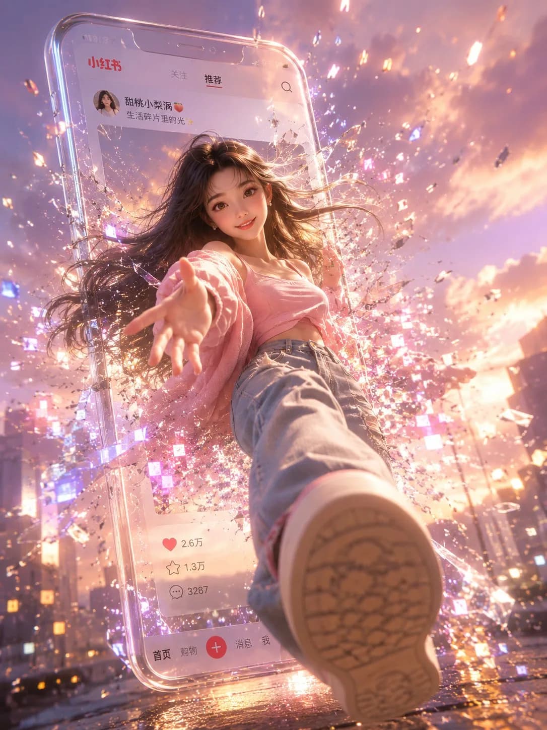 3D Girl Breaking Through Digital Screen AI photo prompt example on PhotoReady