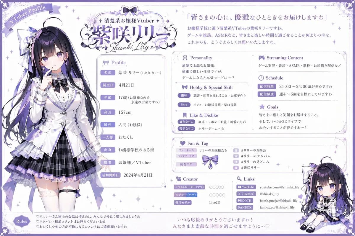 Elegant Ojousama Anime VTuber Profile Sheet AI photo prompt example on PhotoReady