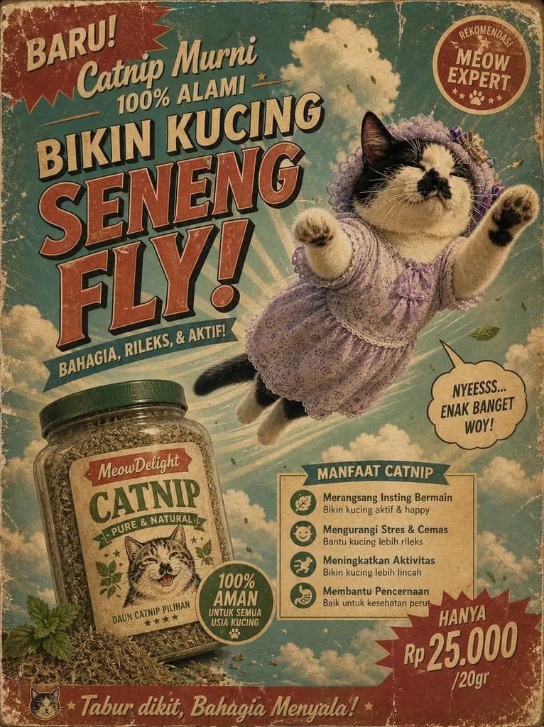 Vintage Indonesian Catnip Advertisement Poster AI photo prompt example on PhotoReady