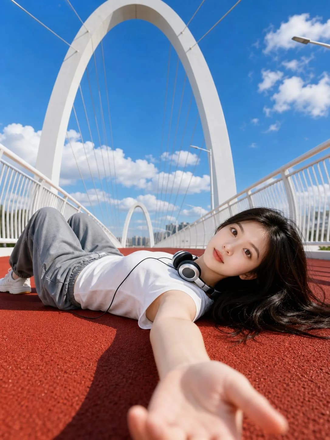 Summer Portrait on Red Running Track AI photo prompt example on PhotoReady