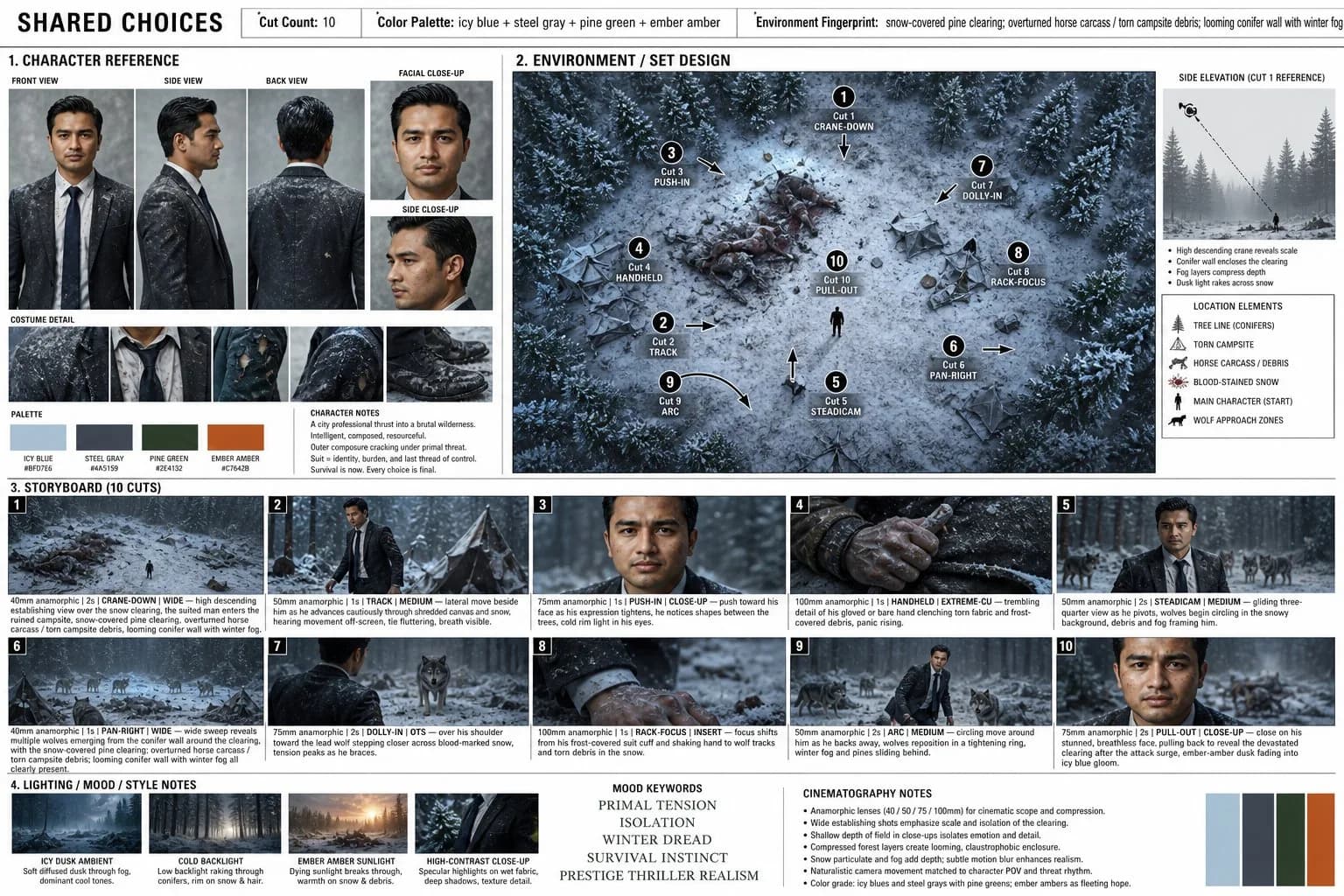 Winter Survival Thriller Cinematic Storyboard AI photo prompt example on PhotoReady