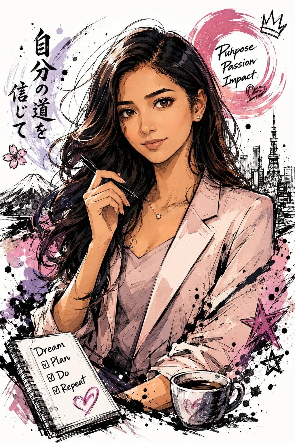 Japanese Hand-Drawn Graffiti Half-Body Illustration AI photo prompt example on PhotoReady