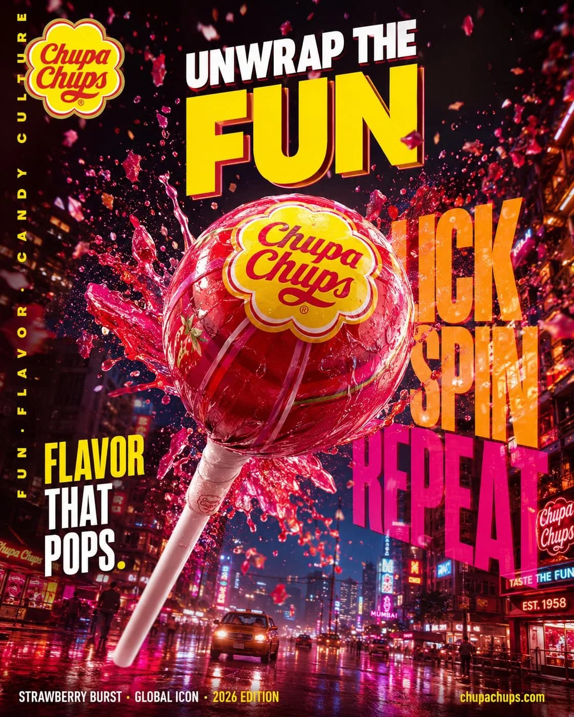 Hyper-Realistic FMCG Lollipop Billboard AI photo prompt example on PhotoReady
