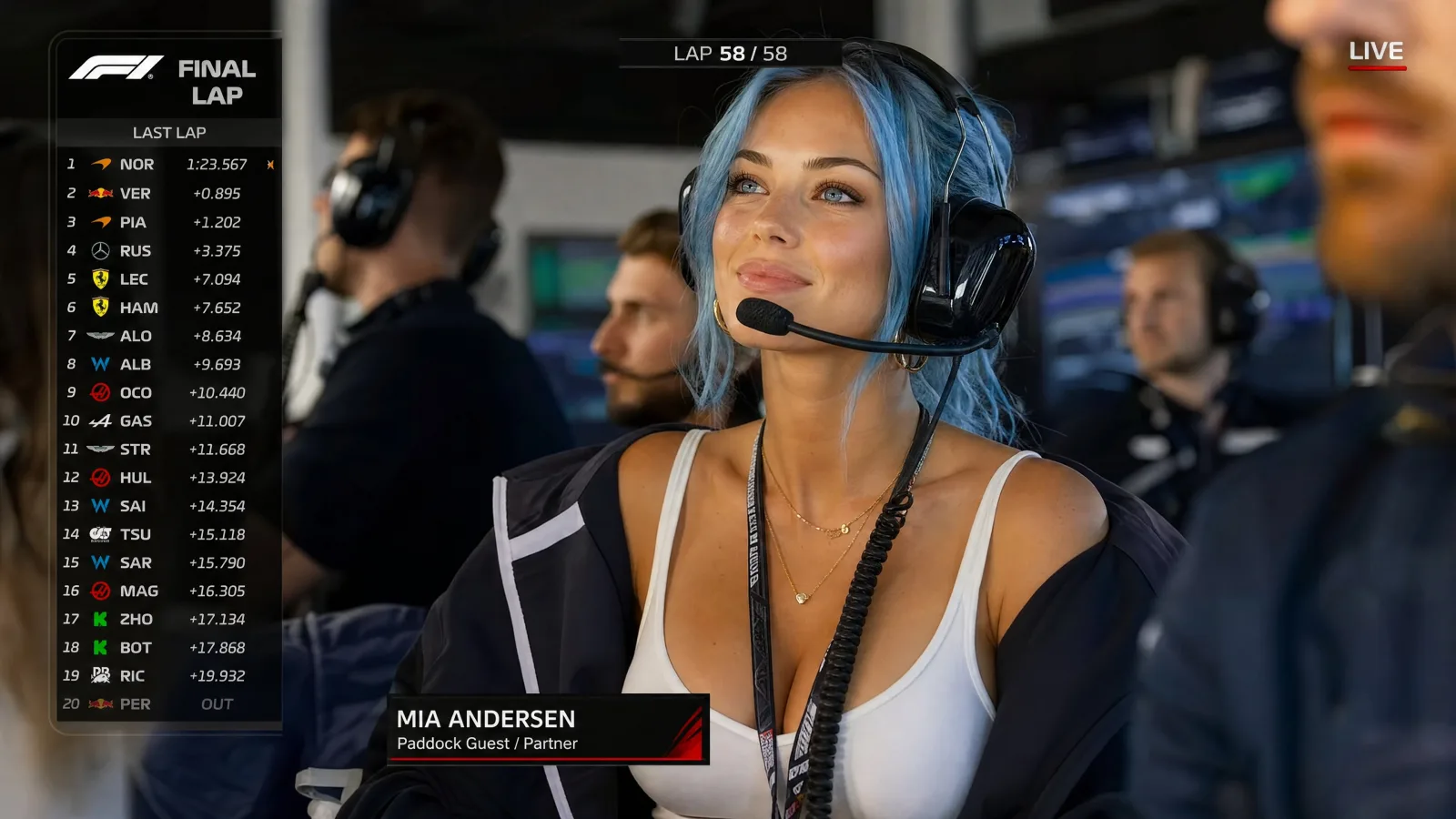 Formula 1 Paddock VIP Garage Live Broadcast Screenshot AI photo prompt example on PhotoReady